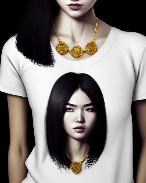 Image similar to full 1 2 0 mm necklace portrait of a beautiful slender kazakh girl, in tshirt, furious, by saruei and guweiz and ilya kuvshinov and rockwell and warhol digital art, ultra clear and sharp focus, trending on artstation hq, deviantart, pinterest, unreal engine 5, 4 k uhd image