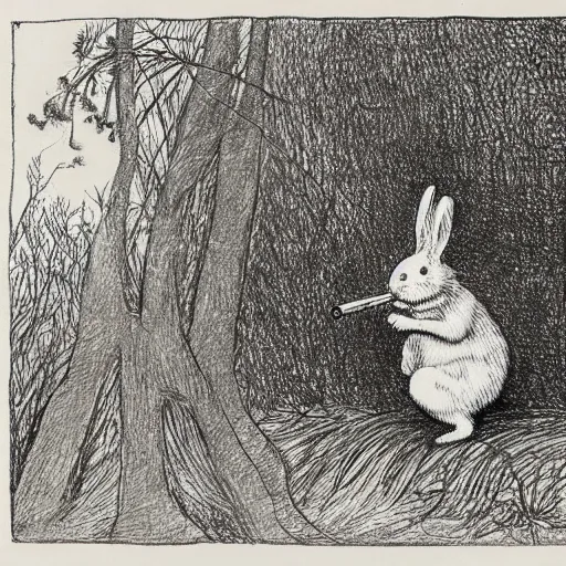 Image similar to drawing of a white bunny smoking a big cigarette in the deep tangled forest, by edward gorey, by gustav dore