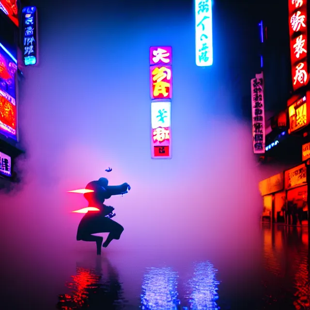 Image similar to cyber monks fight water dance supreme water fist, detailed animal form water, fighting stance energy, shibuya prefecture, cinematic neon uplighting, fog mist smoke, photorealistic, night photography by tomino - sama