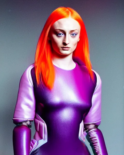 Prompt: full body shot of sophie turner dressed in orange purple futuristic cyberpunk clothing, soft diffused light, bjork aesthetic, translucent, by rineke dijkstra and artgerm, intricate details, highly detailed, masterpiece, 8 5 mm