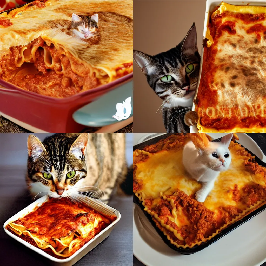 Prompt: realistic photo of cat Garfield eating lasagne