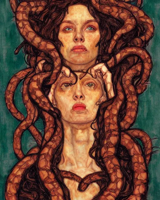 Image similar to portrait of medusa with many pythons by greg rutkowski in the style of egon schiele