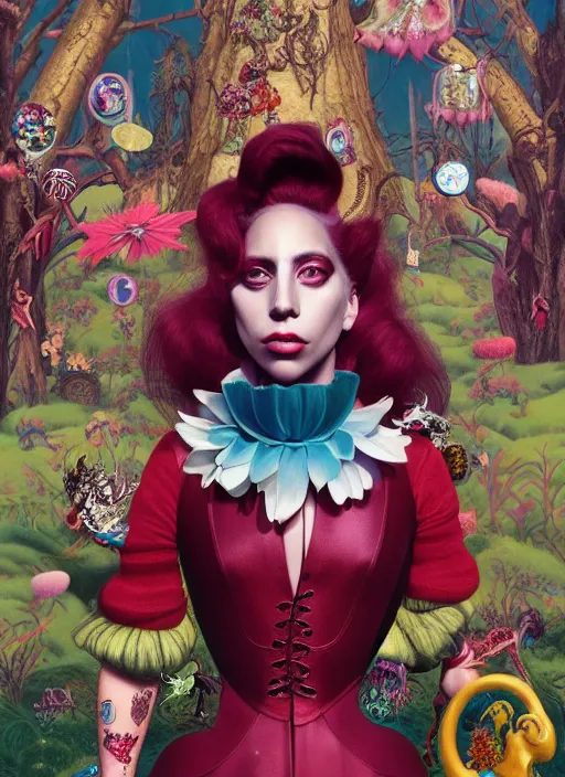 Prompt: lady gaga in wonderland : : by martine johanna and simon stalenhag and chie yoshii and casey weldon and wlop : : ornate, dynamic, particulate, rich colors, intricate, elegant, highly detailed, vogue, harper's bazaar art, fashion magazine, smooth, sharp focus, 8 k, octane render,