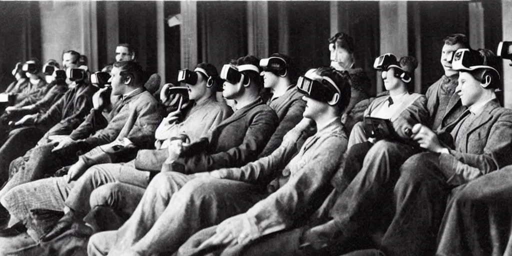 Image similar to 1 9 0 0 s photo of people using iphones ipods virtual reality headsets vr watching hd tv in a movie theater