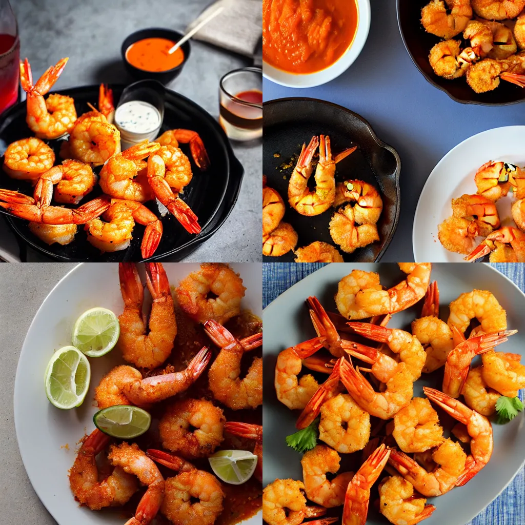 Prompt: deep-fried shrimp with buffalo sauce, food photography