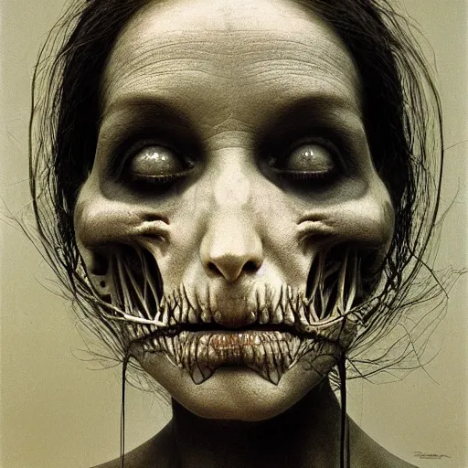 Prompt: portrait photo of a woman by Zdzislaw Beksinski, skeletal body, black eyes