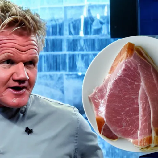 Image similar to gordon ramsay turned into a cooked leg of ham on a plate