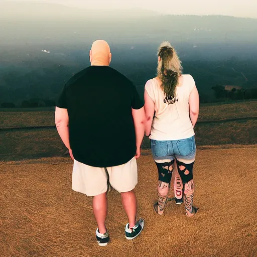 Image similar to portrait of a young fat bald white male tattoos and his young white female brown hair wife with tattoos. male is wearing a white t - shirt, tan shorts, white long socks. female is has long brown hair and a lot of tattoos. photo taken from behind them overlooking the field with a goat pen. rolling hills in the background of california and a partly cloudy sky