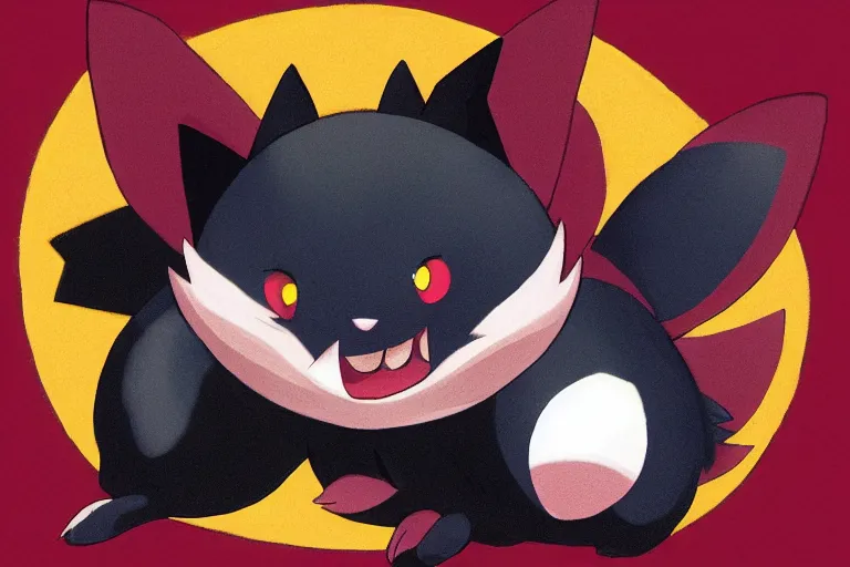 Image similar to zorua the black and maroon colored fox - like pokemon playing with a pikachu, pokemon, super detailed, clean lines, digital art