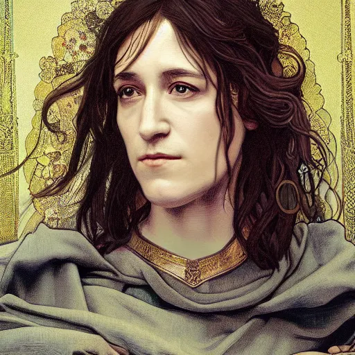 Image similar to portrait of charlotte gainsbourg as joan of arc, hyperreal digital painting, iconography influenced by alphonse mucha and eugene delacroix, arstation and deviantart trends, high resolution 8 k