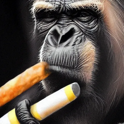 Image similar to a high detail photo of donald trump smoking a cigarrette, subject= chimp, subject detail: extremly detailed, subject action: smoking a cigar, photorealism, dramatic lighting, award winning photograph, trending on artstation