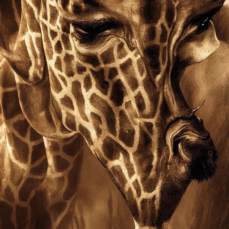 Image similar to extreme close - up portrait octane render by wayne barlow and carlo crivelli and glenn fabry, a giant tall giraffe wearing a silver helmet, inside an african savannah, very short depth of field, bokeh