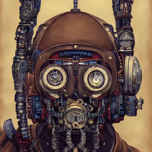 Image similar to portrait painting of a steampunk cyborg conspiracy theorist, transhumanism, ultra realistic, concept art, studio ghibli, intricate details, eerie highly detailed