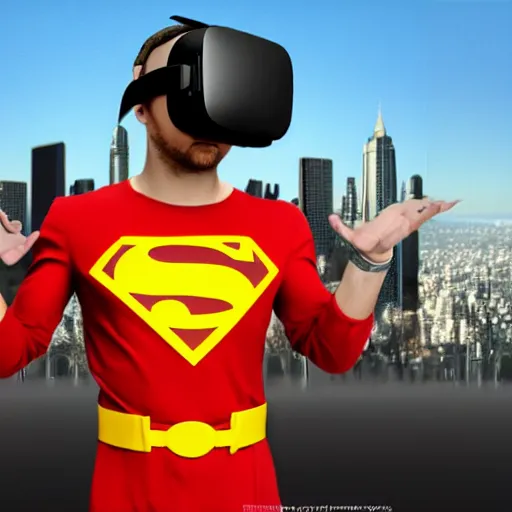 Prompt: Super hero wearing a virtual reality headset in big city, render, ray tracing