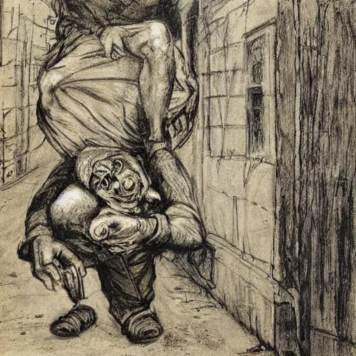 Image similar to Street art. A man with a large head and a small body is floating in the air, his arms and legs flailing. His clothes are tattered and he has a wild look in his eyes. naturalism, crayon by Adolph Menzel doom