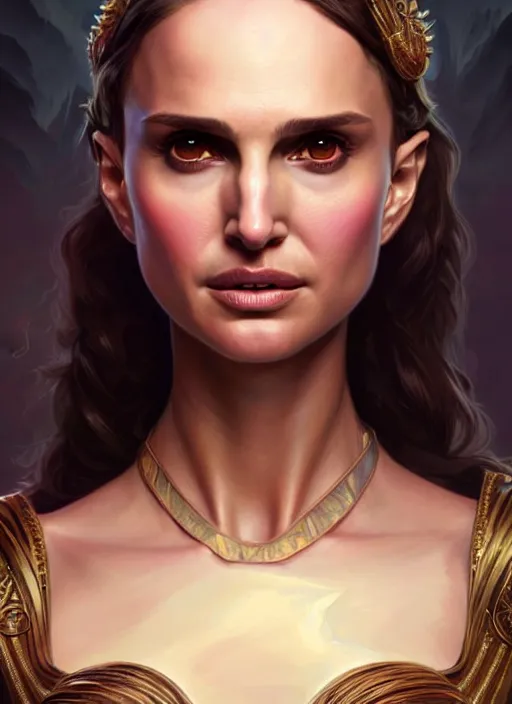 Image similar to portrait of he - woman, d & d, natalie portman! fantasy, intricate, elegant, highly detailed, digital painting, artstation, concept art, smooth, sharp focus, illustration, art by artgerm and greg rutkowski and alphonse mucha