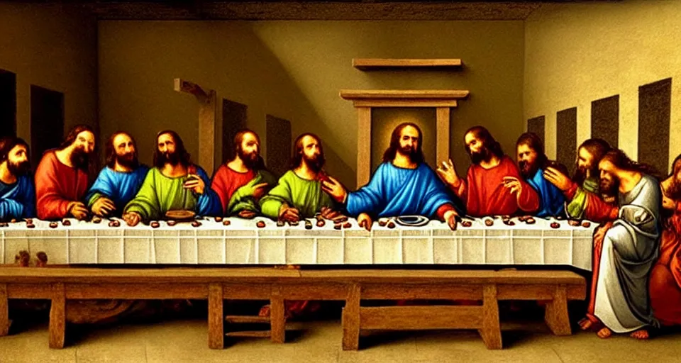 Image similar to The last supper, but Jesus is the DJ (disc jesus), he's playing sick tracks on his CDJ's in the 0th century club, painting by Leonardo da Vinci