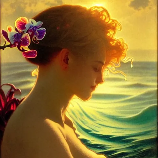 Image similar to detailed intricate orchid flower surrounded by ocean wave, water, ripples, transparent droplets, backlit, sunset, refracted lighting, art by collier, albert aublet, krenz cushart, artem demura, alphonse mucha