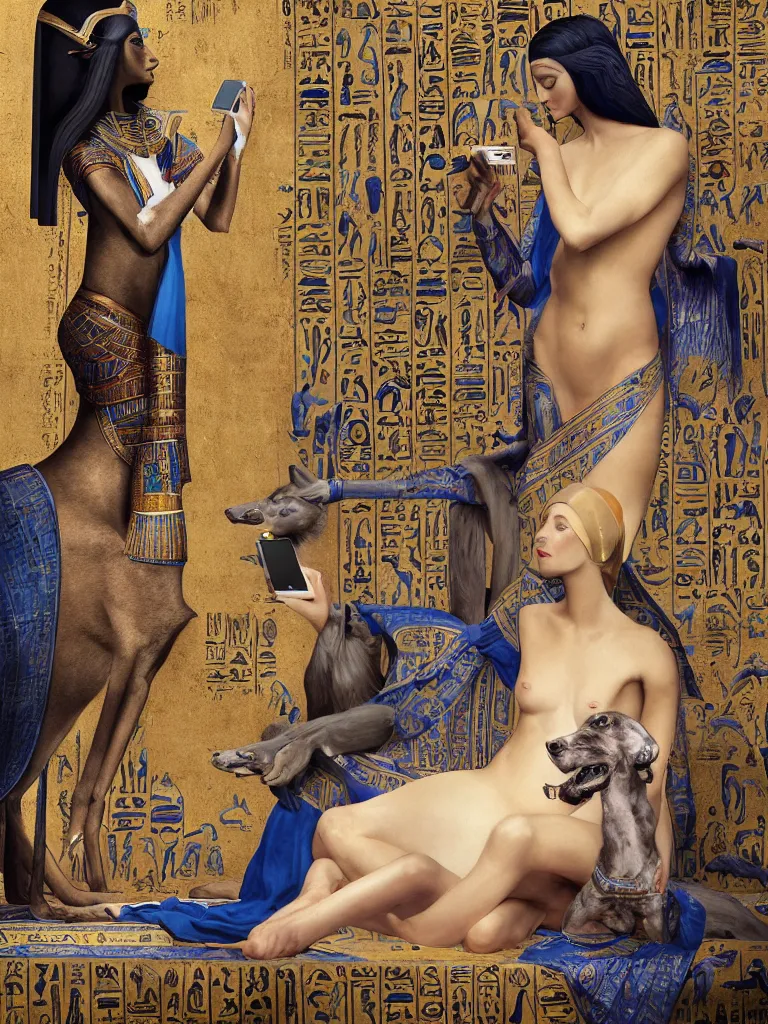 Prompt: portrait of a beautiful female ancient Egyptian goddess next to the god Anubis as a whippet, blue lotus flowers grow around them, checking her iphone by Alessio Albi, painted by Artgerm, by Marc Simonetti, by Ernst Haeckel