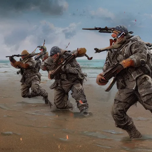 Prompt: rooster soldiers storming the beach d - day in normandy, hyperdetailed, artstation, cgsociety, 8 k