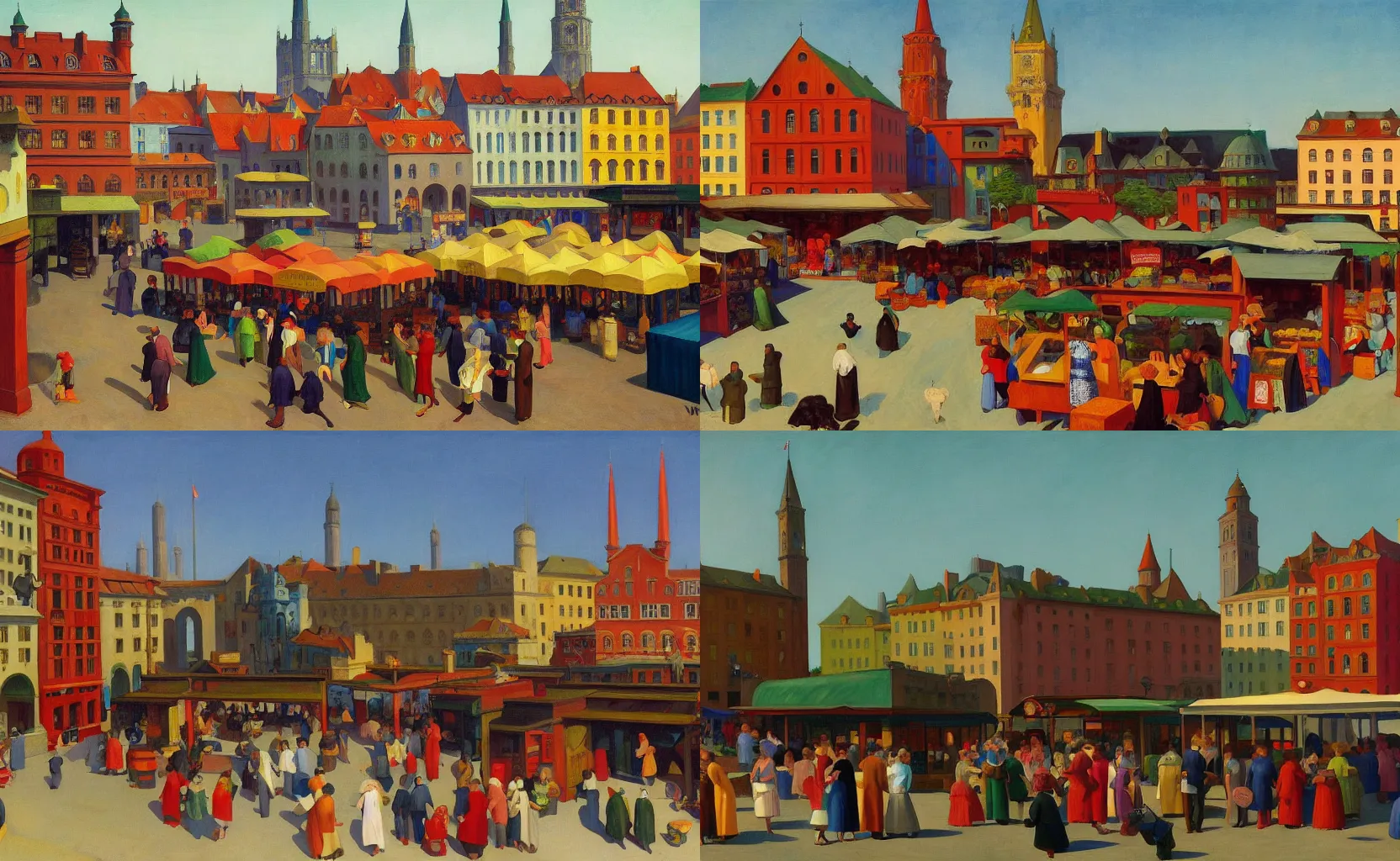 Prompt: a bustling medieval market square, painting by Edward Hopper and Wes Anderson