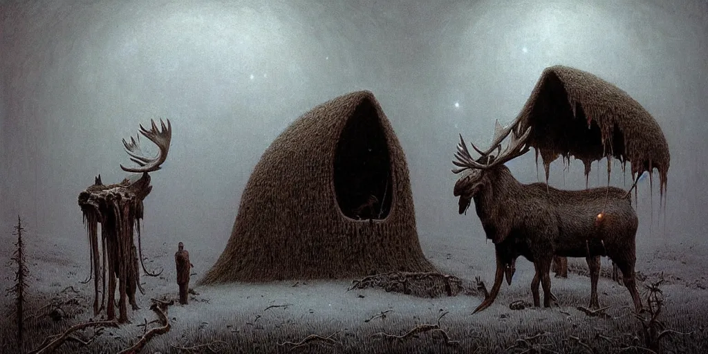 Image similar to cozy moose skull hut, Zdzislaw Beksinski, Wayne Barlowe, gothic, cosmic horror, dystopian, biomorphic, lovecraftian, amazing details, cold hue's