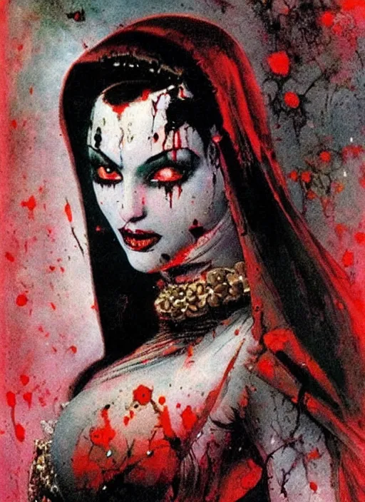 Prompt: portrait of svelt iranian vampiress, jeweled veil, strong line, saturated color, beautiful! coherent! by frank frazetta, high contrast, blood splatter background