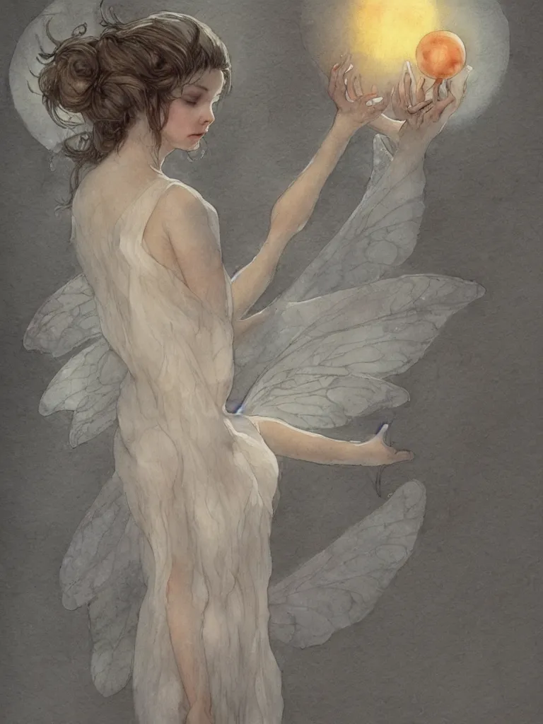 Prompt: study of a flower fairy, holding glowing white orb in hands, illustration, watercolor, alan lee, detailed, pretty, ethereal, realistic, refined, beautiful, artstation,