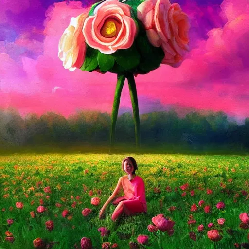 Image similar to giant rose flower as a head, full body girl sitting in a flower field, surreal photography, sunrise, dramatic light, impressionist painting, colorful clouds, digital painting, artstation, simon stalenhag