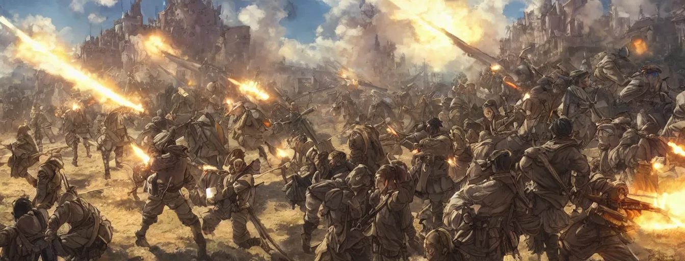 Image similar to calvary soldiers heroic final charge to their deaths. hyperrealistic anime background illustration by kim jung gi, colorful, extremely detailed faces, intricate linework, smooth, super sharp focus, bright colors, high contrast, matte, octopath traveler, studio ghibli, unreal engine 5 highly rendered, global illumination, radiant light