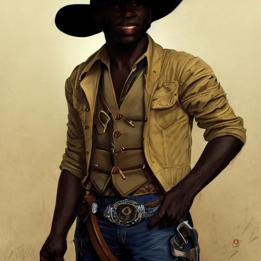 Prompt: handsome young African-American cowboy with a smirk and glowing eyes holding dark and light magic in both hands, volumetric lighting, D&D, fantasy, intricate, cinematic lighting, highly detailed, digital painting, artstation, concept art, smooth, sharp focus, illustration, art by Greg Rutkowski and Alphonse Mucha and Jacob Lawrence