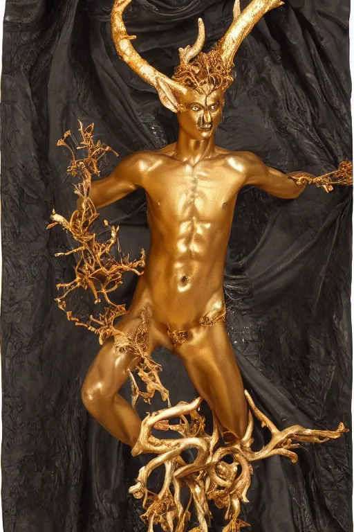 Prompt: a cinematic view of a ornated intricate mystic faun statue made by hedi xandt, chris haas and bernini, realistic, macabre art, partially covered by a wrapped black fabric veil, using few gold ornaments detailed image