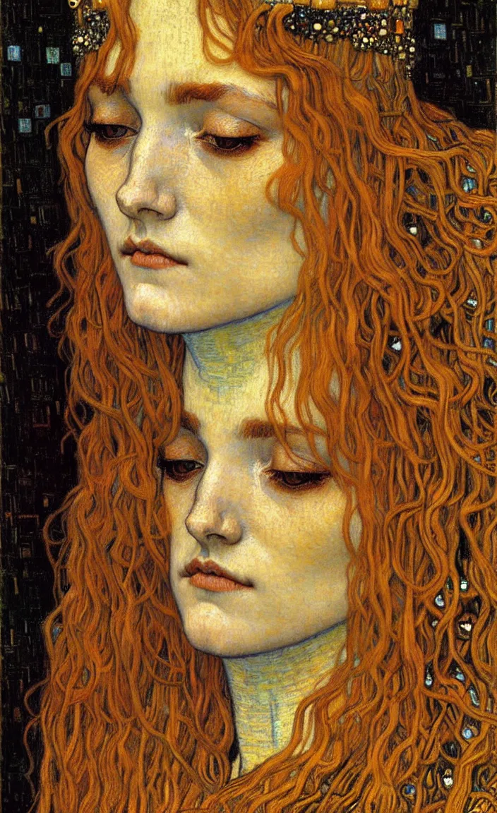 Image similar to detailed realistic beautiful young medieval queen face portrait by jean delville, gustav klimt and vincent van gogh, art nouveau, symbolist, visionary, gothic, pre - raphaelite, muted earthy colors, desaturated