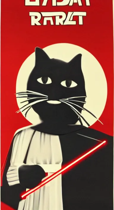 Image similar to a propaganda poster depicting a realistic looking cat dressed as darth vader