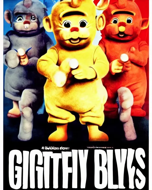 Prompt: a promotional poster for a gritty mafia - themed teletubbies movie, illustrated by robert mcginnis, poster design, film grain, 3 5 mm, 4 k detail