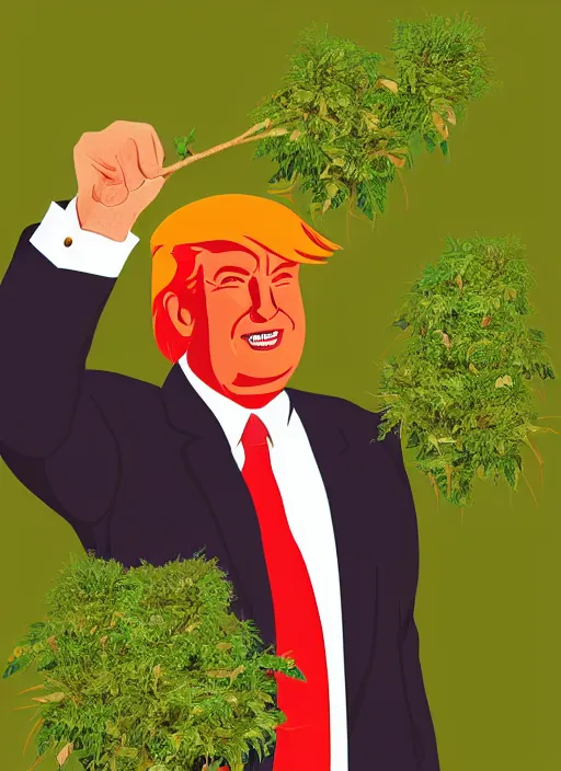 Image similar to digital portrait of a enthusiastic person looking like donald trump cultivating weed, holding pack of dollars in right hand, illustration realistic