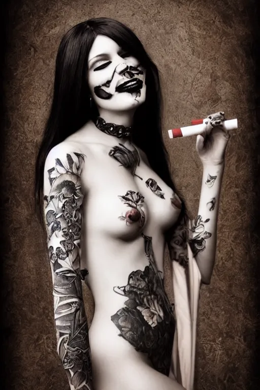 Image similar to tattooed beautiful goth girl smoking cigarette and smiling, dark, moody, eerie religious painting, photorealistic photo by national geographic, Peter Kemp