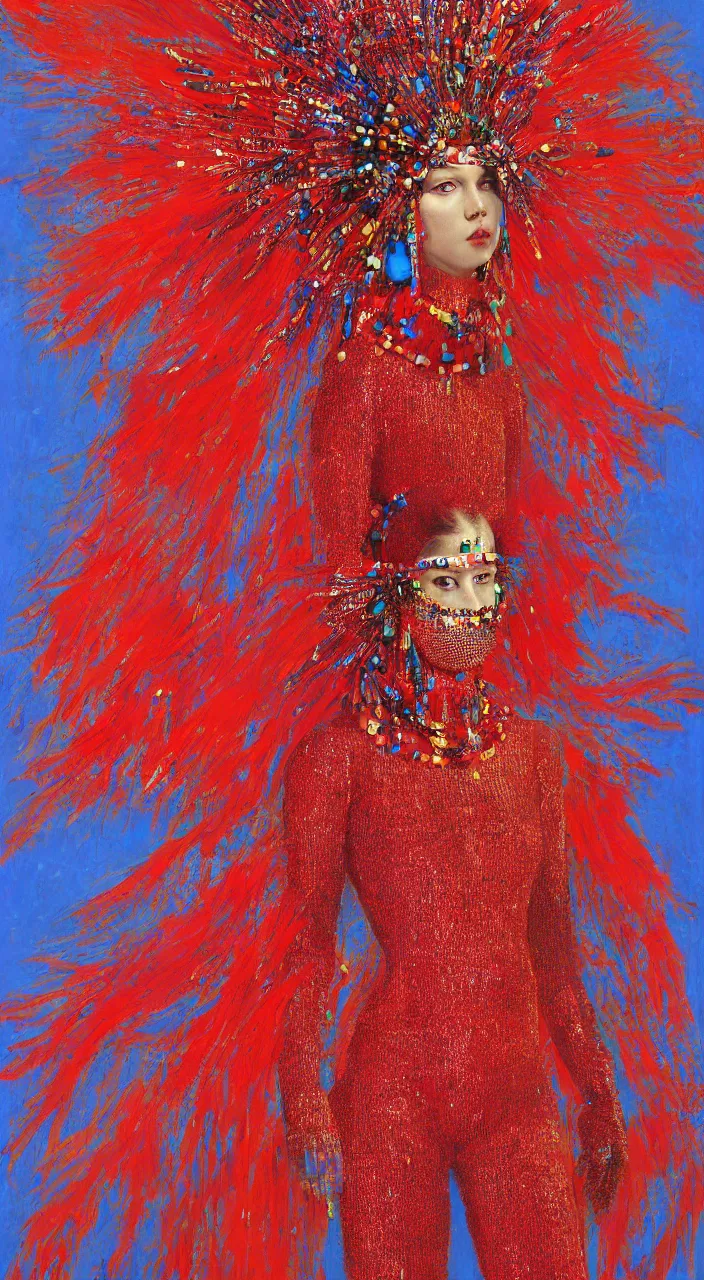 Image similar to a full - body female character design wearing a red sequined bodysuit, beads hanging over her face like an alexander mcqueen headdress, costume by eiko ishioka, haute couture by moebius, steven outram, colorful and psychedelic, hd, 8 k, artstation, high quality