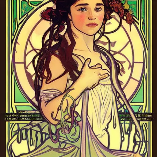 Image similar to Beautiful young girl like Daenerys Targaryen emilia clarke illustrated by alphonse mucha