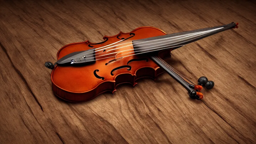 Image similar to a violin on an ancient wood table in victorian house, close up, 3/4 view, beautifull reflexions, detailed, photorealistic, octane render