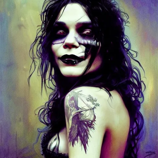 Image similar to beautiful portrait of vanessa hudgens as death from sandman, smiling, by cedric peyravernay, alphonse mucha, by jeremy mann, by lecouffe deharme, goth chic, soft lightning, eyeliner, punk rock, high detailed, 8 k