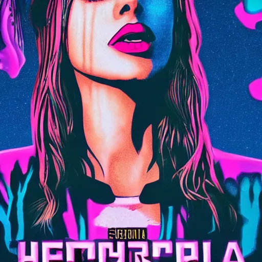 Prompt: a horror movie poster, staring Sofía Vergara as the heroine, neighborhood themed, synthwave, cyberwave, by Sam Werczler