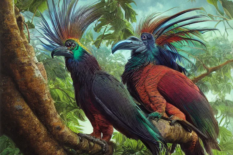 Prompt: nicobar pigeon hoatzin hybrid fantasy illustration, digital art, max details, hyper realistic, 8 k resolution, intricate, elegant, highly detailed, digital painting, artstation, concept art, matte, sharp focus, illustration, by james gurney, graeme base, brian froud, alan lee