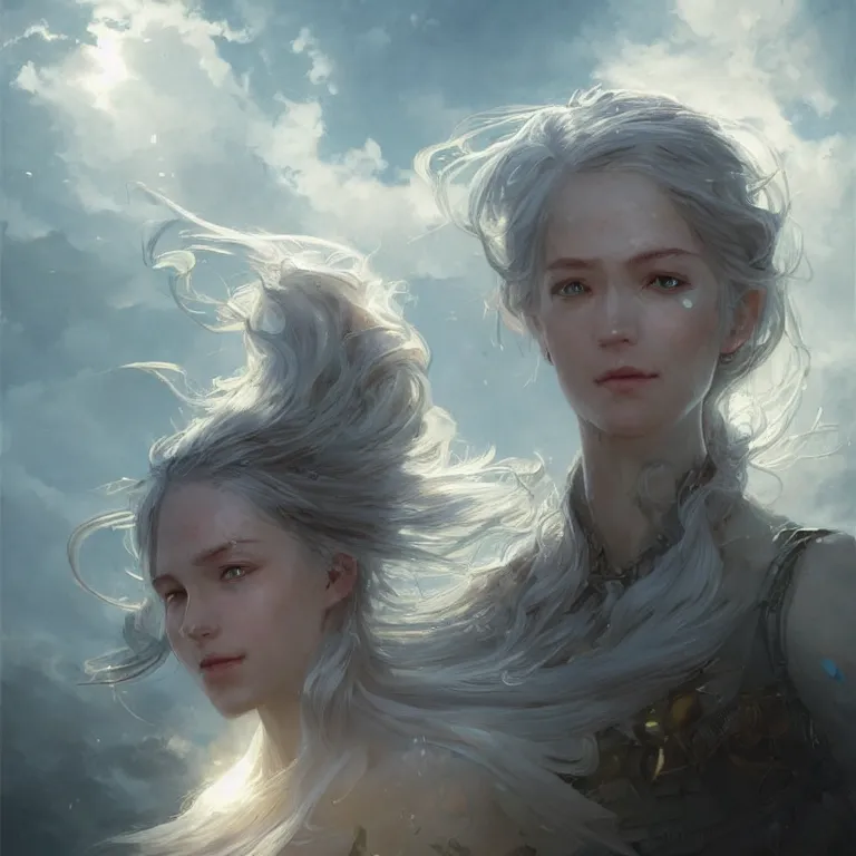 Image similar to a portrait of a beautiful hopeful lady with pretty eyes, beautiful eyes, highly detailed eyes, looking up onto the sky, light smiling, art of wlop and greg rutkowski, intricate, high details, epic fantasy art, bright light masterpiece, ray of light through white hair