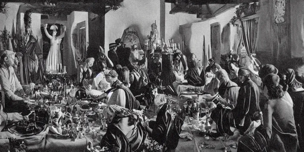 Prompt: 1920s photography of an occult ceremony meeting in the dolomites, occult signs, wicca, alp, dolomites, alpine, detailed intricate insanely detailed octane render, 8k artistic 1920s photography, photorealistic, black and white, chiaroscuro, hd, by David Cronenberg, Raphael, Caravaggio