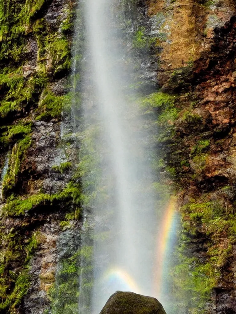 Image similar to artdeco of waterfall cascading onto rocks, small rainbow emerging in background, ethereal, beautiful scenery, detailed, amazing, glitter