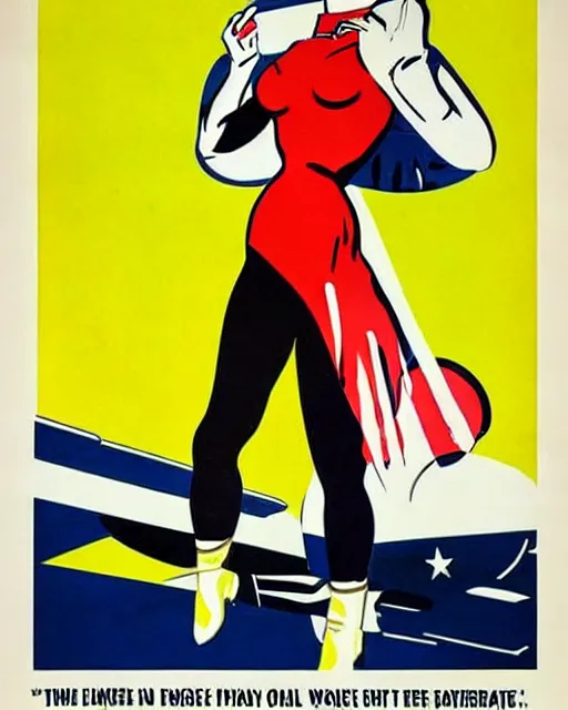 Image similar to a 1950's propaganda poster of a beautiful woman in a flight suit by Roy Lichtenstein