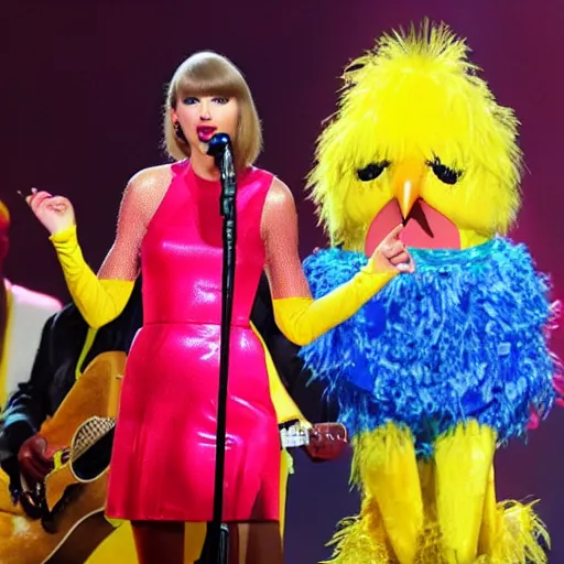 Image similar to Taylor Swift in a Big Bird Costume on stage