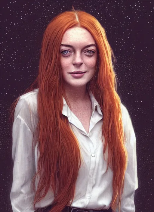 Prompt: portrait of teenage lindsay lohan, long haircut, flowing ginger hair, freckles, white shirt, red tie, smiling kindly, forest at background, 1 9 8 0 s, intricate, elegant, glowing lights, highly detailed, digital painting, artstation, concept art, smooth, sharp focus, illustration, art by wlop, mars ravelo and greg rutkowski