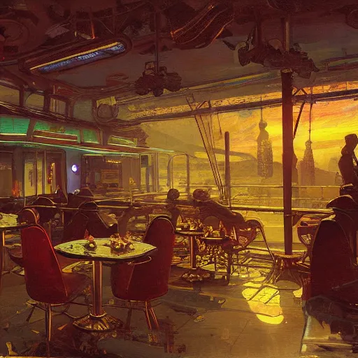 Prompt: painting of syd mead artlilery scifi diner with ornate metal work lands on a farm, filigree ornaments, volumetric lights, red sun, andreas achenbach